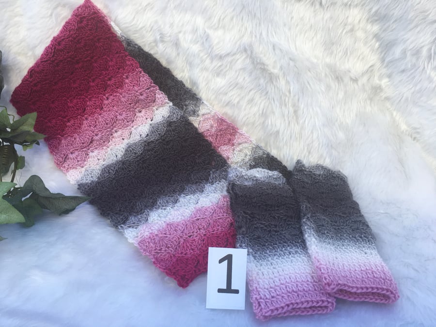 Multi-coloured  Crocheted Scarves and Fingerless Mitts. Gift boxed Sets.