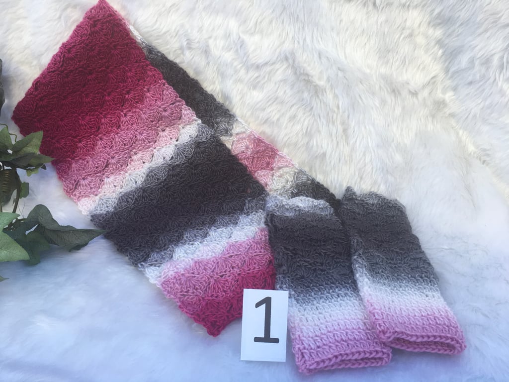 Multi-coloured  Crocheted Scarves and Fingerless Mitts. Gift boxed Sets.