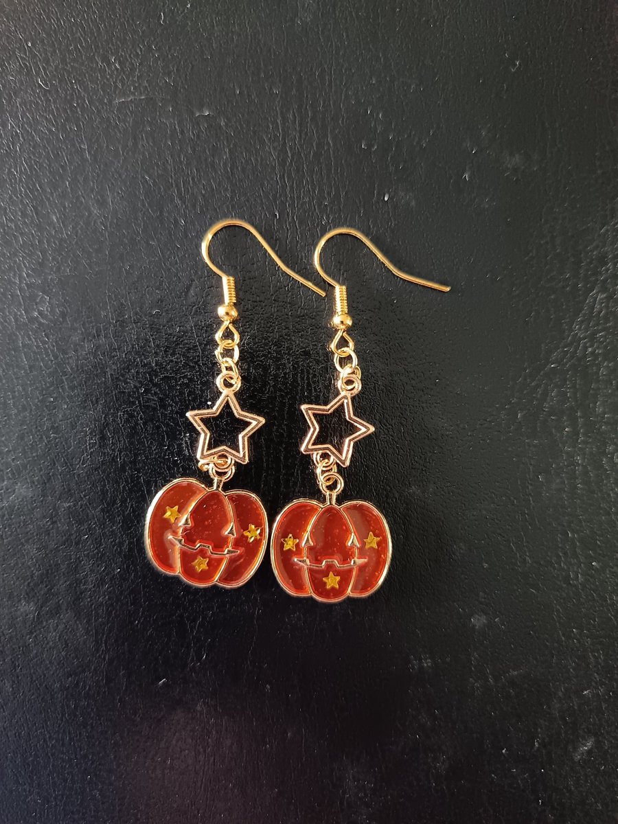 Orange pumpkin and star dangle earrings 