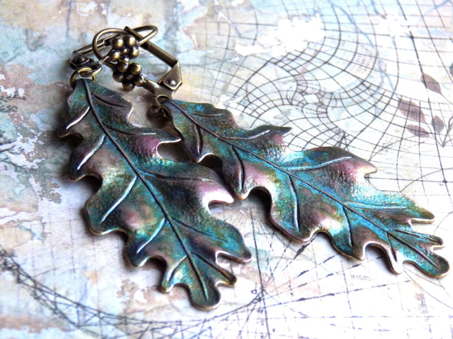 ENCHANTMENT Turquoise Green and Mauve Pink Autumn Oak Leaf Earrings