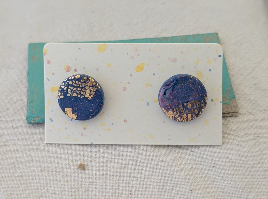 Purple and gold flake polymer clay stud earrings