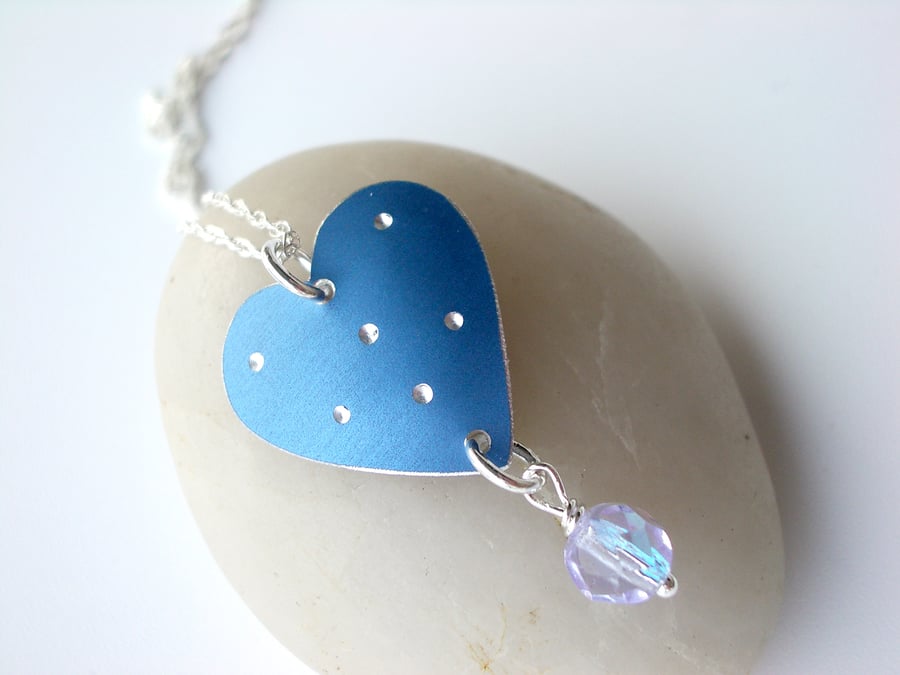Blue spotty heart pendant with crystal 