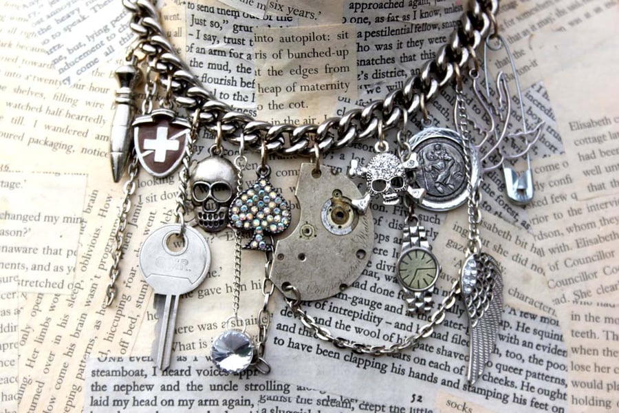 Statement Silver Kitsch Punk Multi Charm Skull and Key Necklace