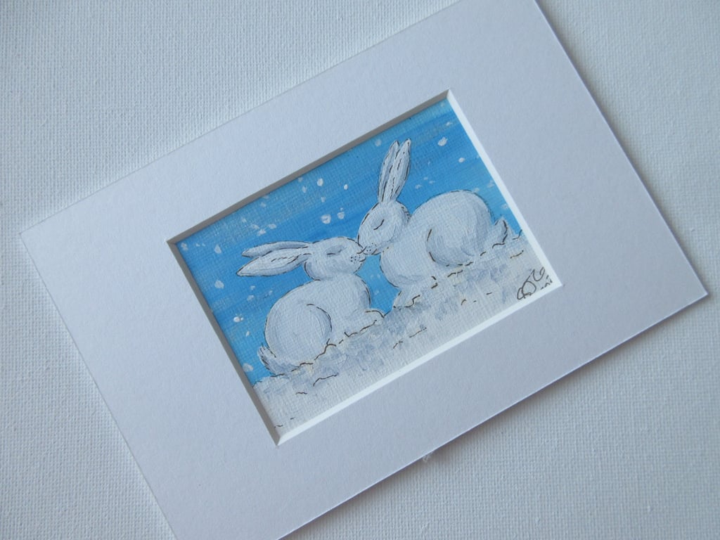 ACEO Bunny Rabbit Snow Scene Miniature Painting in Acrylics
