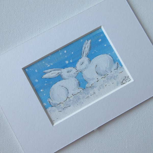 ACEO Bunny Rabbit Snow Scene Miniature Painting in Acrylics