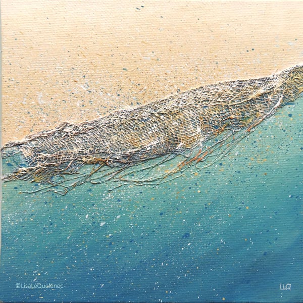 On a teal Tide II breaking wave sunset mixed media surf art picture series