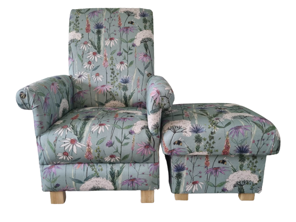 Adult Armchair Voyage Hermione Verde Green Fabric Chair & Footstool Floral Bees