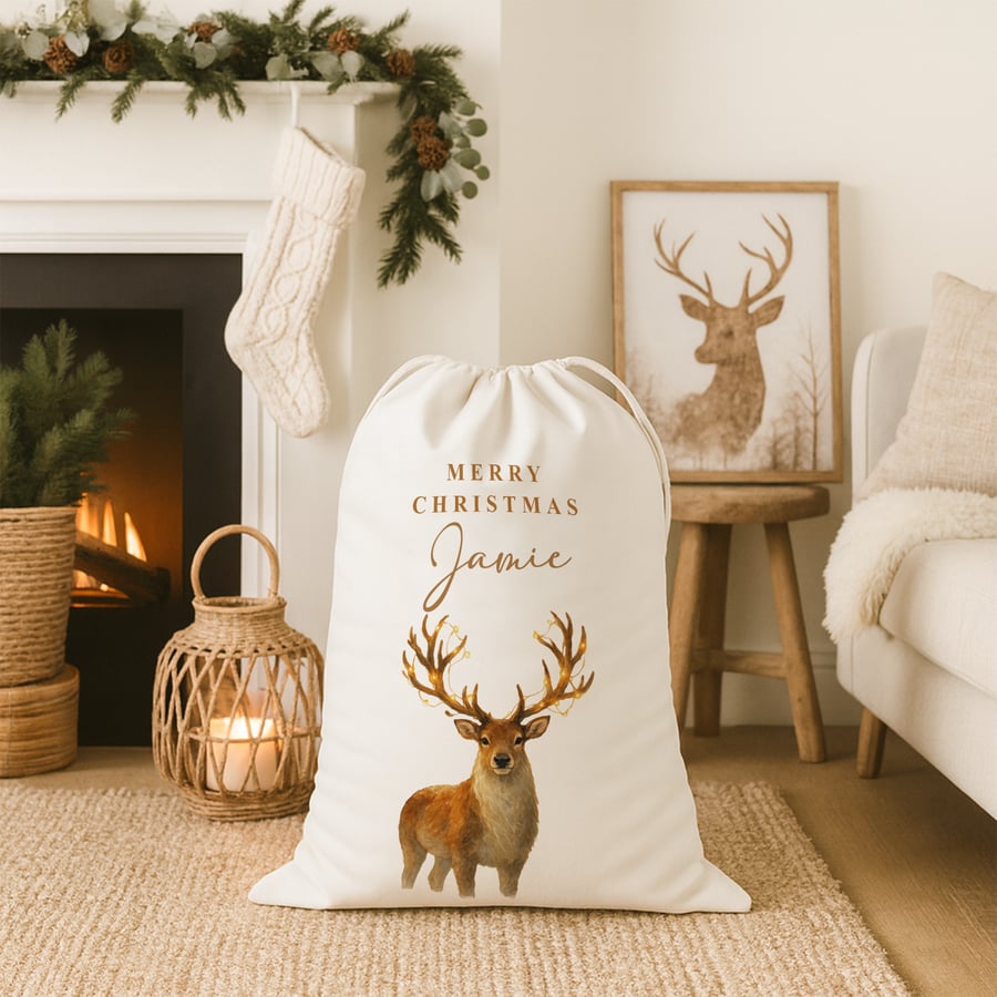 Personalised Christmas Present Sack – Custom Name Watercolour Reindeer Gift Bag