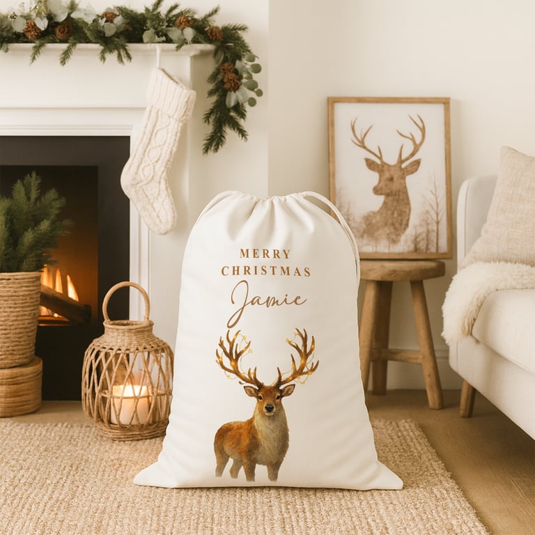 Personalised Christmas Present Sack – Custom Name Watercolour Reindeer Gift Bag