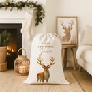 Personalised Christmas Present Sack – Custom Name Watercolour Reindeer Gift Bag