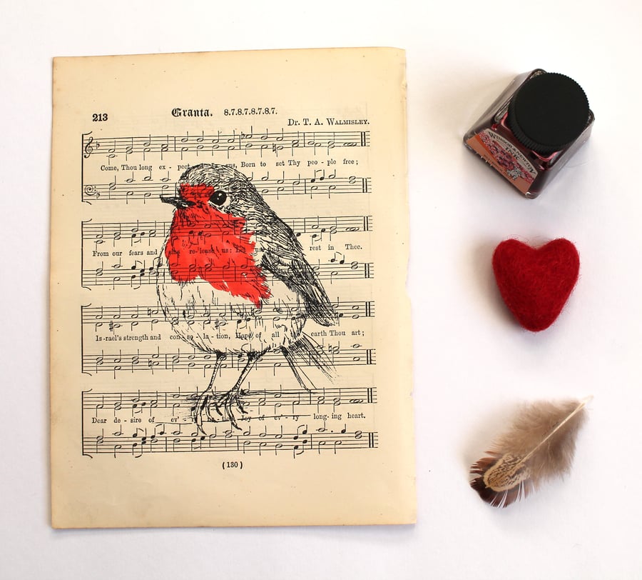 Robin Print on Vintage Sheet Music, Gocco Print