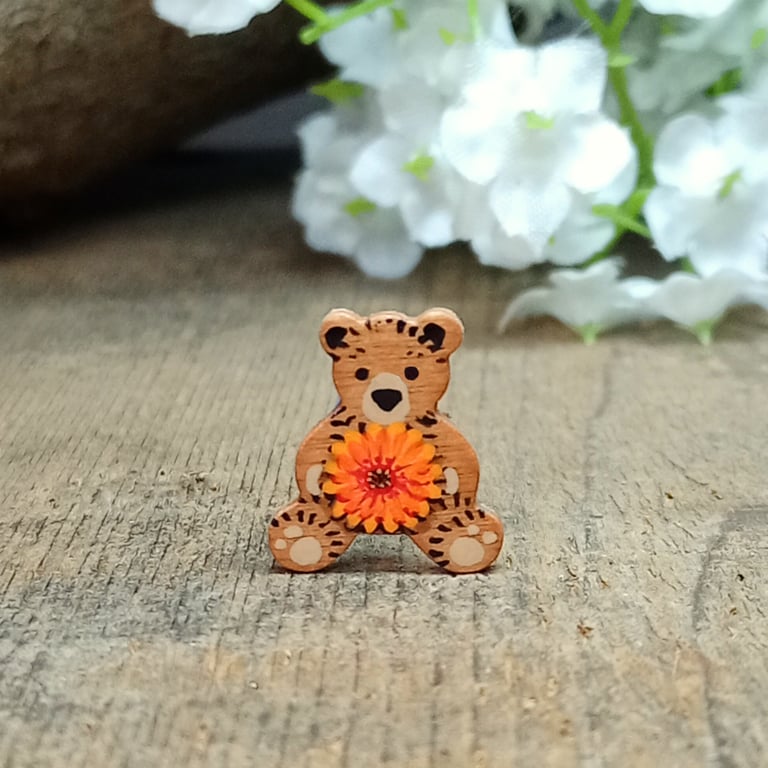 Marigold Teddy Bear Brooch, October Birth Flower, Handmade Personalised Pin