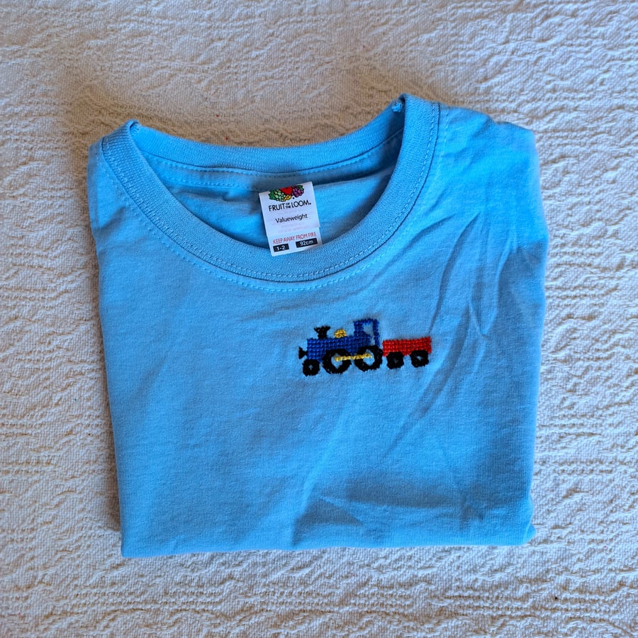 Train T-shirt, age 1-2 years, hand embroidered