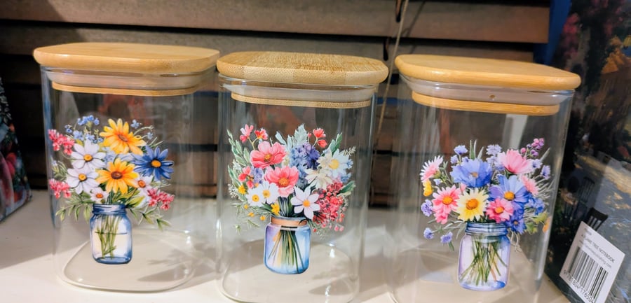 Set of three square glass storage jars 600ml size flowers in jars theme