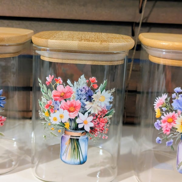 Set of three square glass storage jars 600ml size flowers in jars theme