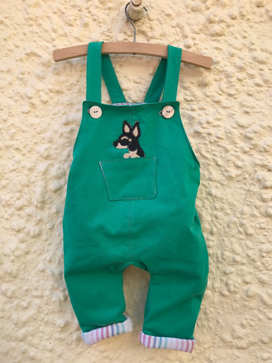 Jade Green Handmade Baby Dungarees with Appliqué Leather Dog Illustration Unisex