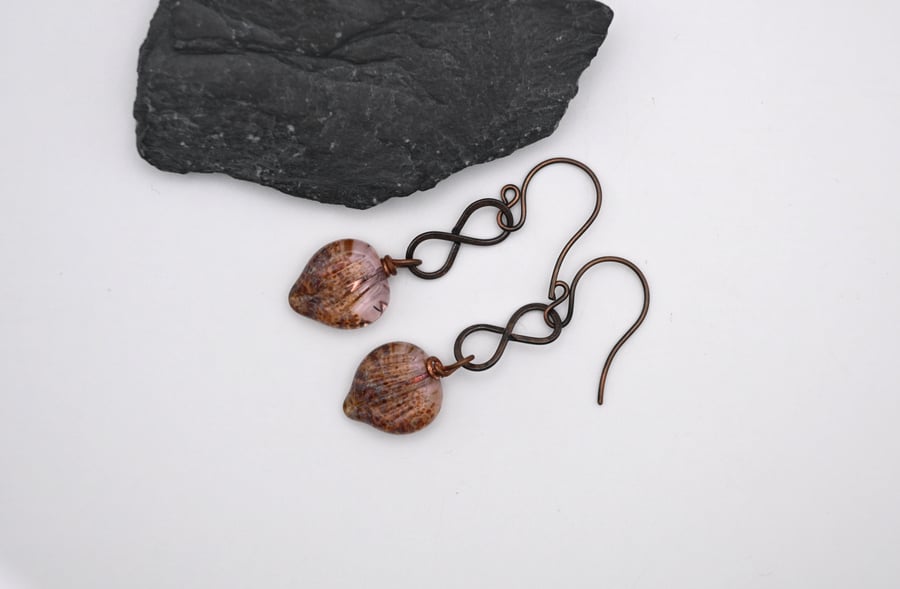 lampwork glass leaf earrings, copper jewellery