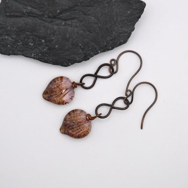 lampwork glass leaf earrings, copper jewellery