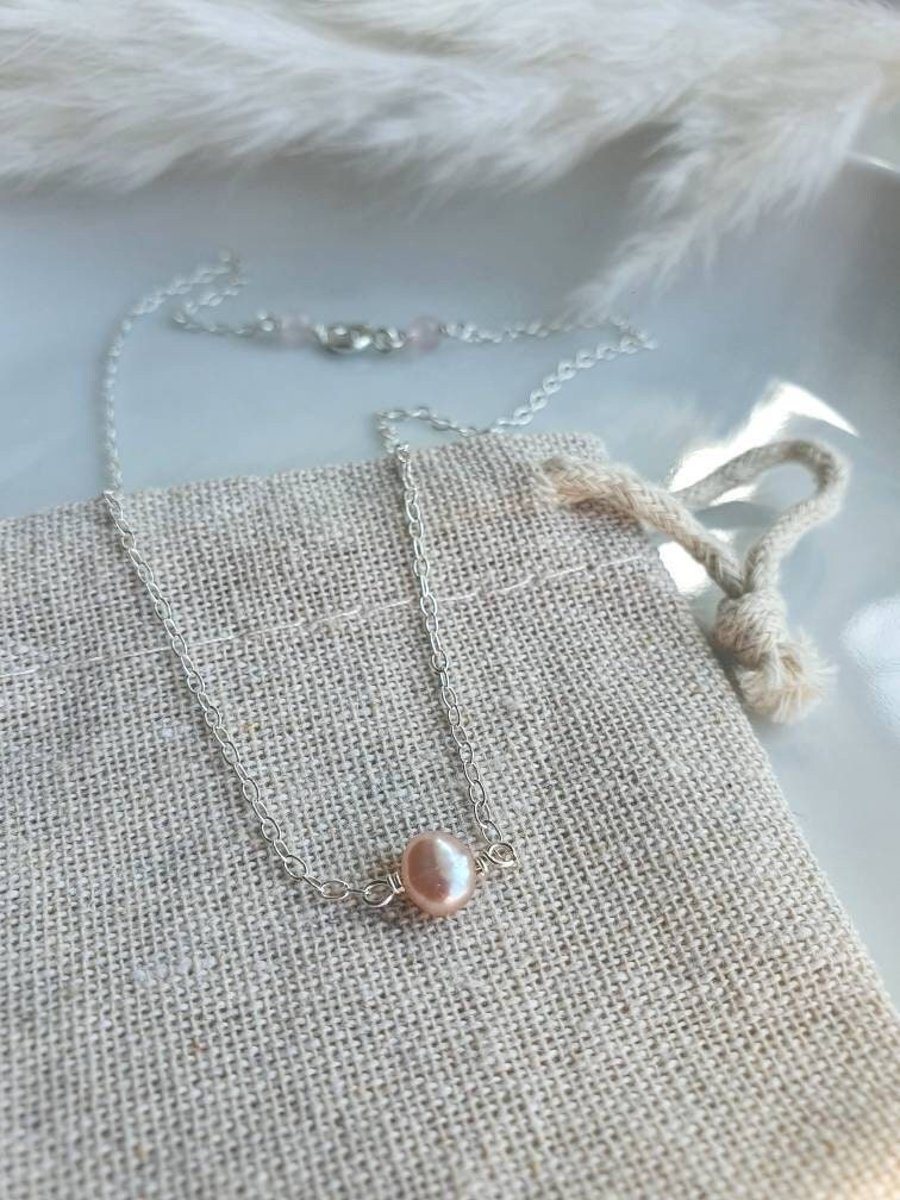Simple feshwater pink pearl and recycled sterling silver necklace