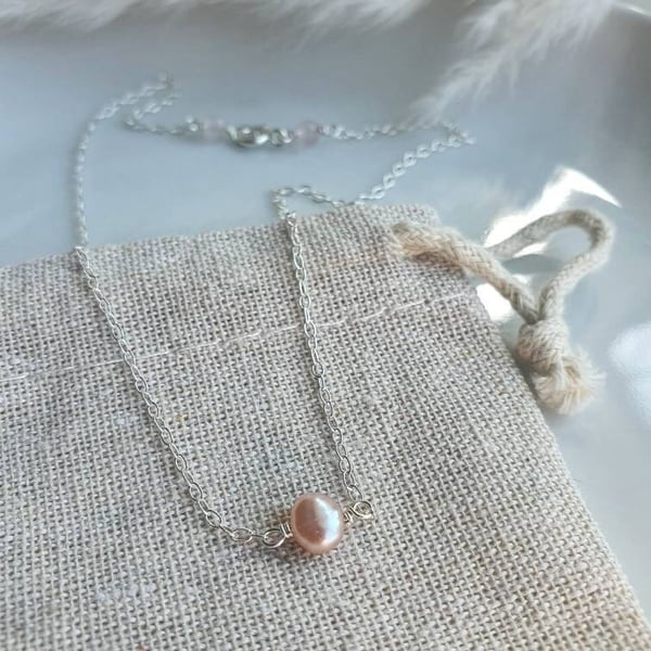 Simple feshwater pink pearl and recycled sterling silver necklace