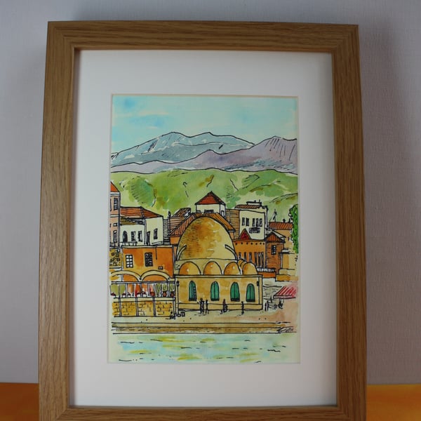 CHANIA, CRETE-PEN AND WATERCOLOUR SKETCH-POSTAGE FREE