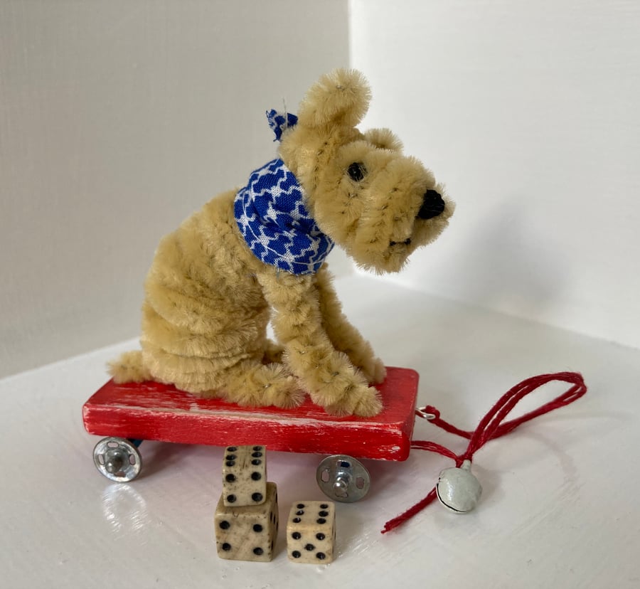 Miniature Terrier on Trolley with Wheels - Vintage Style OOAK Sculpure. 