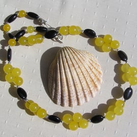Black Onyx & Yellow Agate Gemstone Statement Beaded Necklace "Lemon Crush"