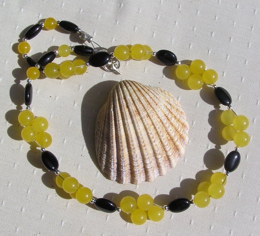 Black Onyx & Yellow Agate Gemstone Statement Beaded Necklace "Lemon Crush"