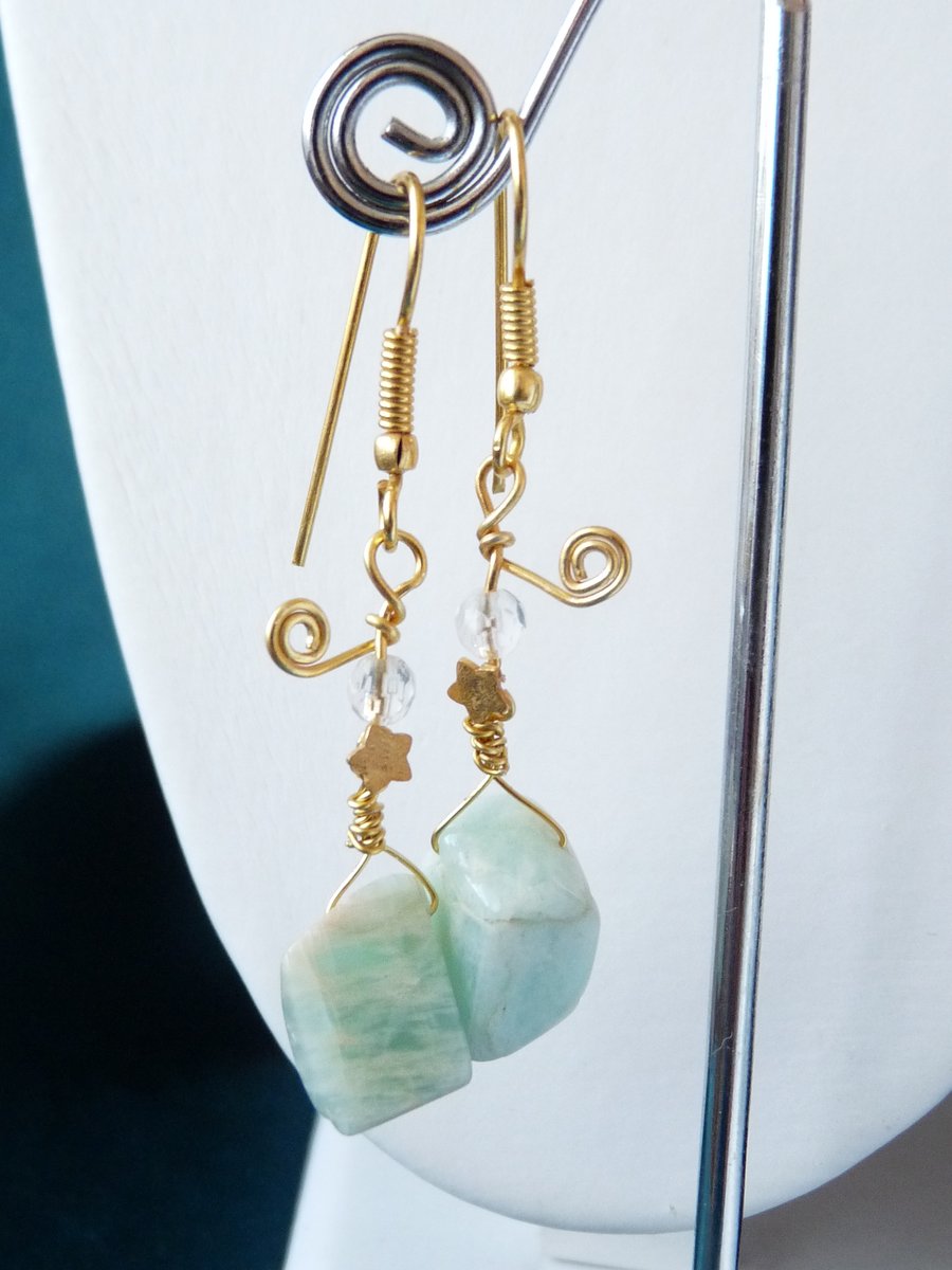 Amazonite and White Quartz Star Drop Earrings - Genuine Gemstone