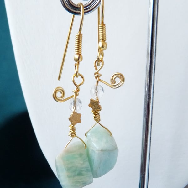 Amazonite and White Quartz Star Drop Earrings - Genuine Gemstone