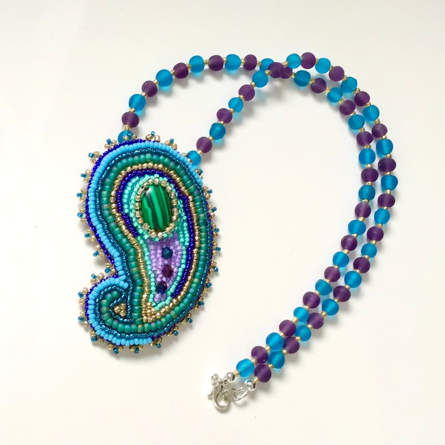 Paisley design beadwork necklace in peacock colours