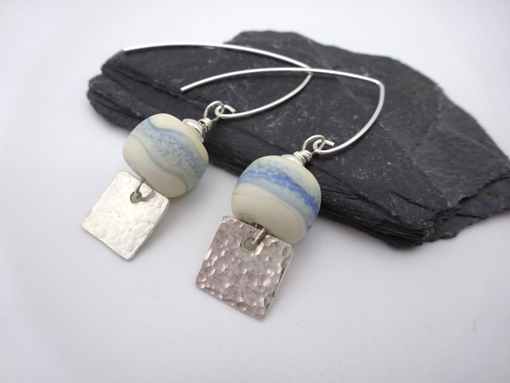 silver hammered charm lampwork glass earrings
