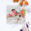 Bullfinch on Japanese Quince Greetings Card - British Bird, Eco Friendly, Blank