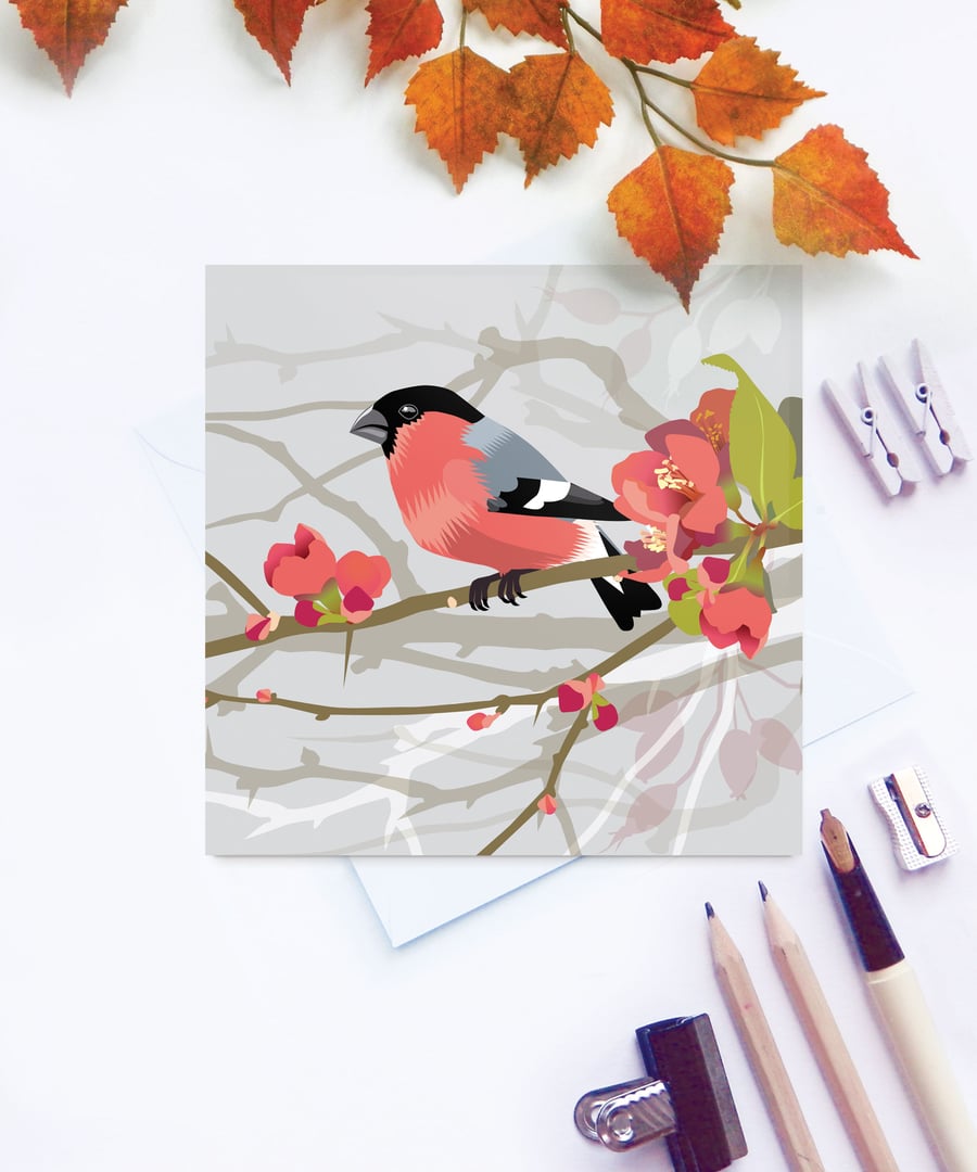 Bullfinch on Japanese Quince Greetings Card - British Bird, Eco Friendly, Blank