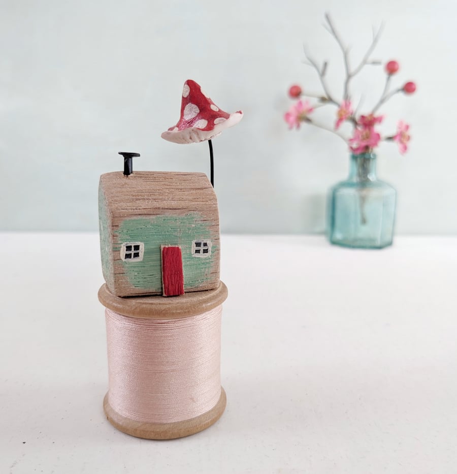 Little House on a Vintage Wood Bobbin with Clay Toadstool