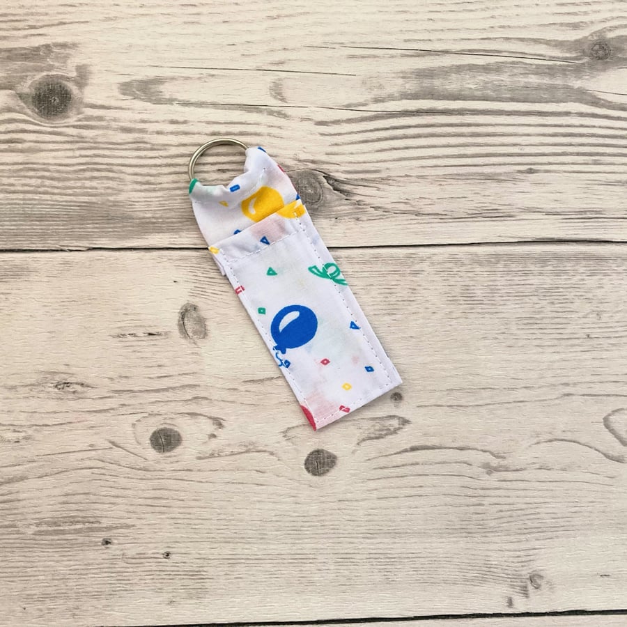 Balloon themed fun lip balm polycotton fabric keyring, keychain.