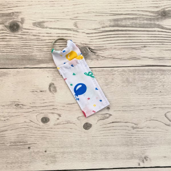 Balloon themed fun lip balm polycotton fabric keyring, keychain.