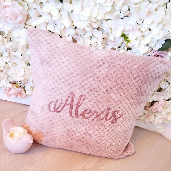 Personalised waffle fleece cushion cover Glitter blush pink cushion cover Girls 