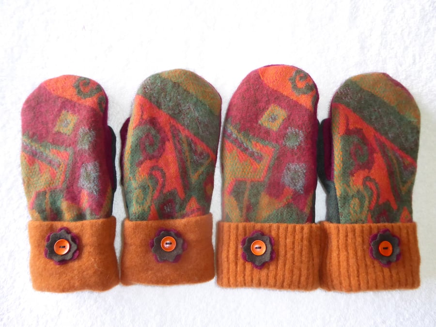 Mittens Created from Up-cycled Wool Jumpers. Fully Lined. Burnt Orange Cuff