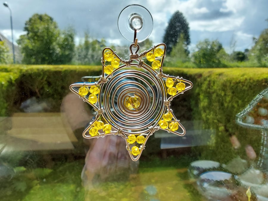 Yellow Sun Catcher Hanging Ornament, Handmade Spiral Sun Design 