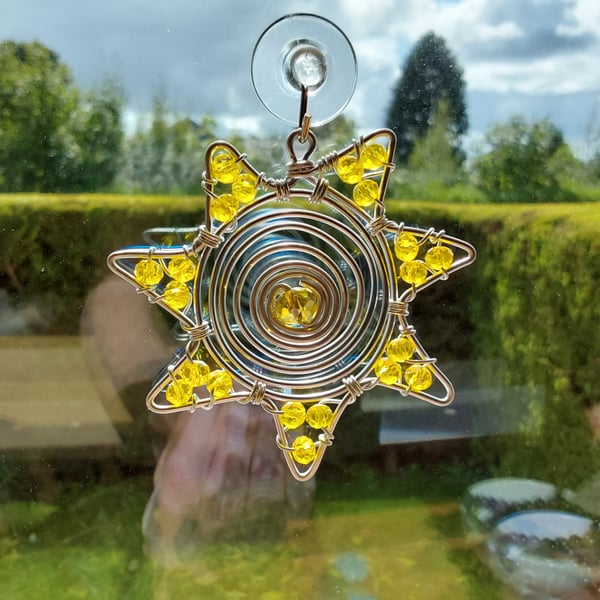 Yellow Sun Catcher Hanging Ornament, Handmade Spiral Sun Design 