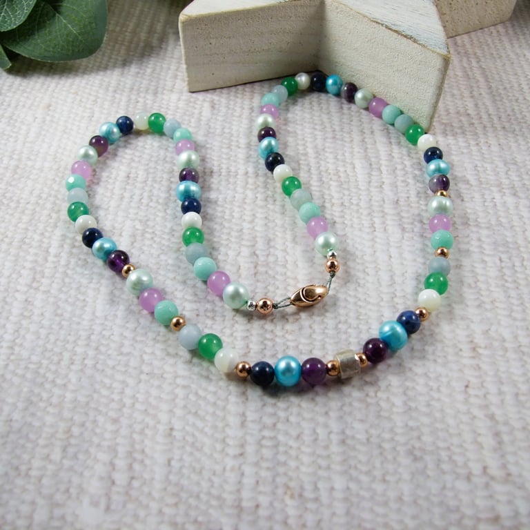 Pastel Pearl and Gemstone Necklace with Rose Gold and Silver Accents