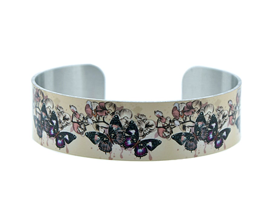 Butterfly jewellery cuff bracelet, beige with vintage butterflies. B166