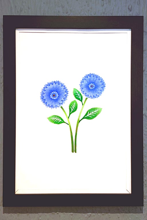 Genuine Made in UK Framed A3 Print Blue Dahlia Modern White Border Wallart     