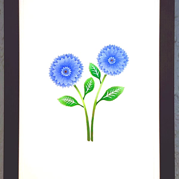 Genuine Made in UK Framed A3 Print Blue Dahlia Modern White Border Wallart     