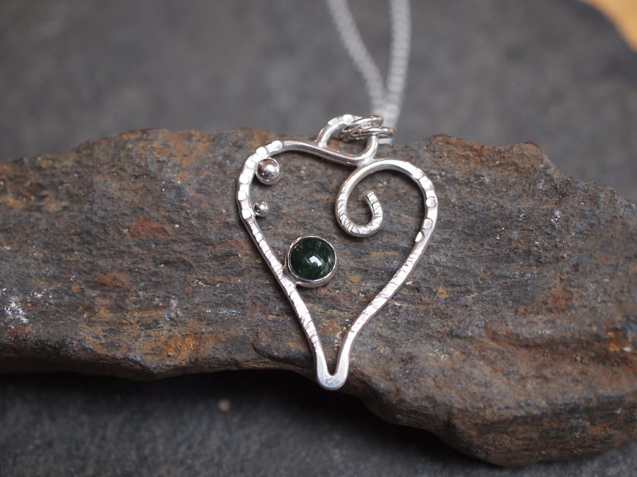 Leaf pendant, silver spiral leaf necklace, green moss agate necklace.