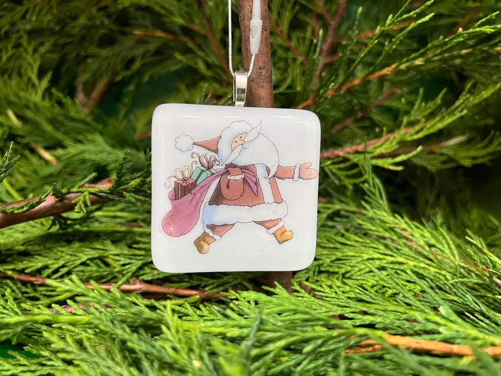 Unique Handcrafted Christmas Card with Artisan Fused Glass Santa Claus Tree Deco