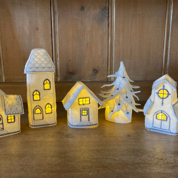 White Christmas tea light village. Embroidered felt. 