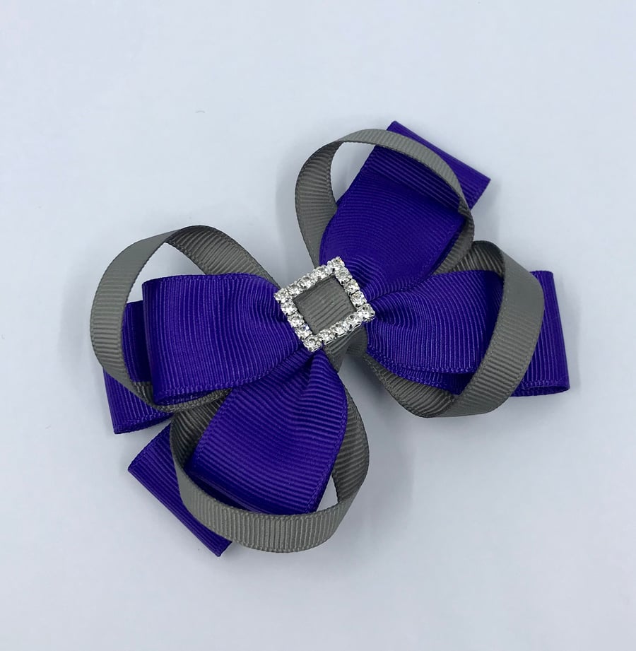 Purple Double Layer Bow with Grey Loops on Clip