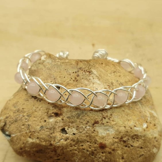 Wire wrap Rose Quartz cuff bracelet. January birthstone. 5th anniversary